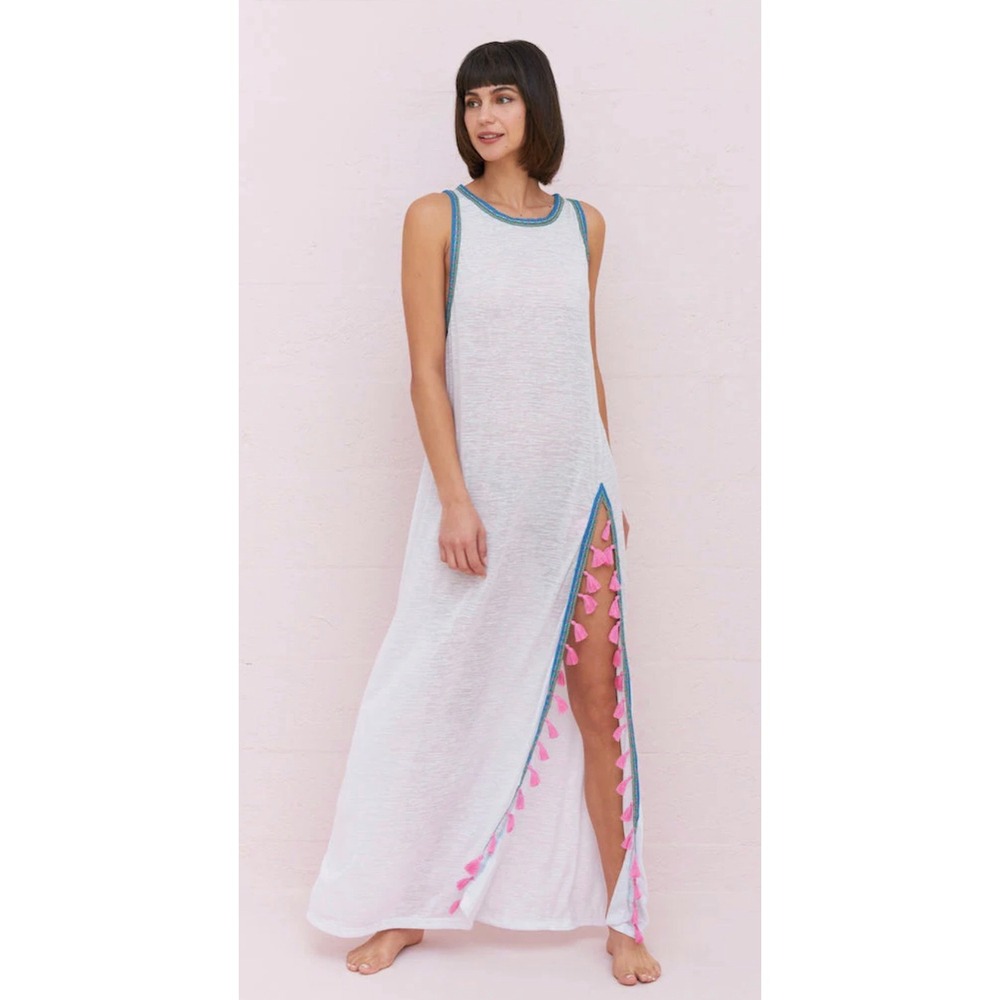 Pitusa White Tassel Slit Sleeveless Maxi Dress Women Standard Excellent